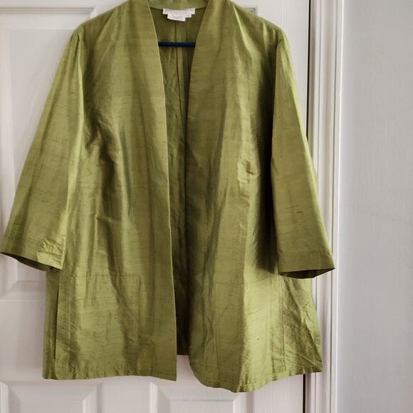 Maggy London Woman 100% Silk Kimono Jacket 16W Green Open Front Duster Pockets - Picture 2 of 5